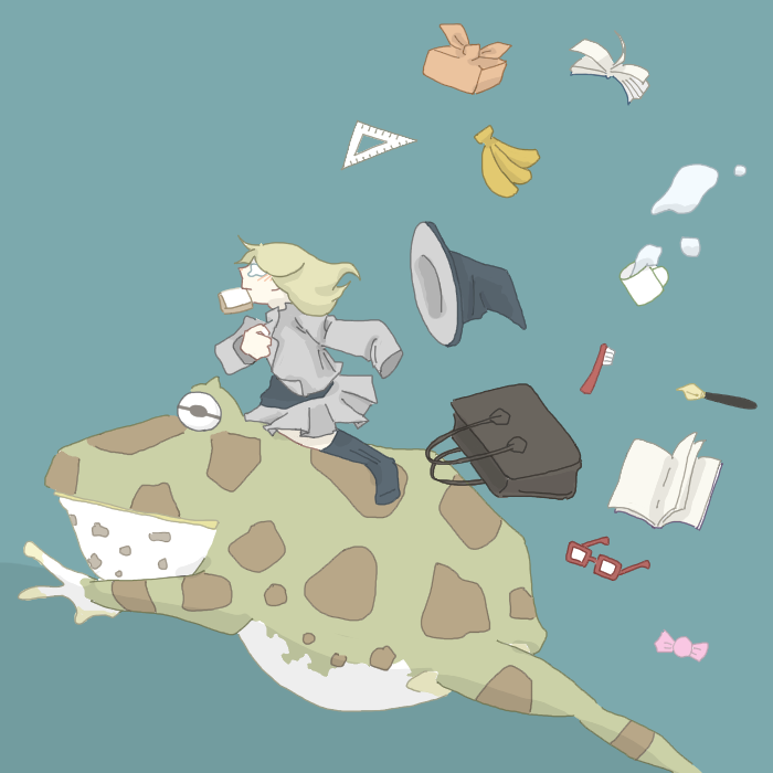 カエルに乗って登校する少女